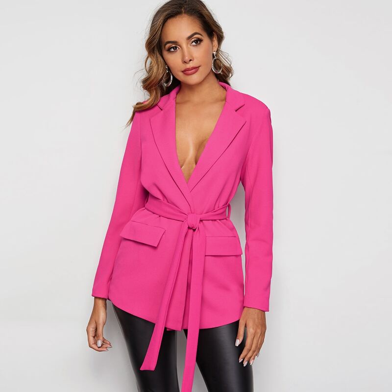 

Neon Pink Notched Collar Belted Longline Blazer, Pink bright