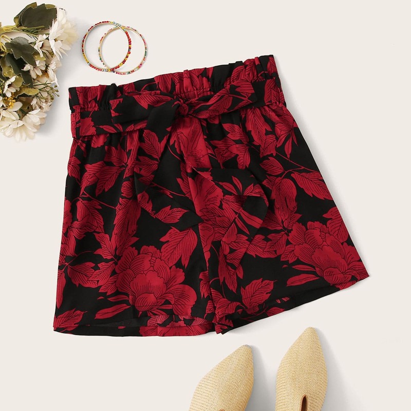 

Paperbag Waist Floral Print Shorts, Multicolor