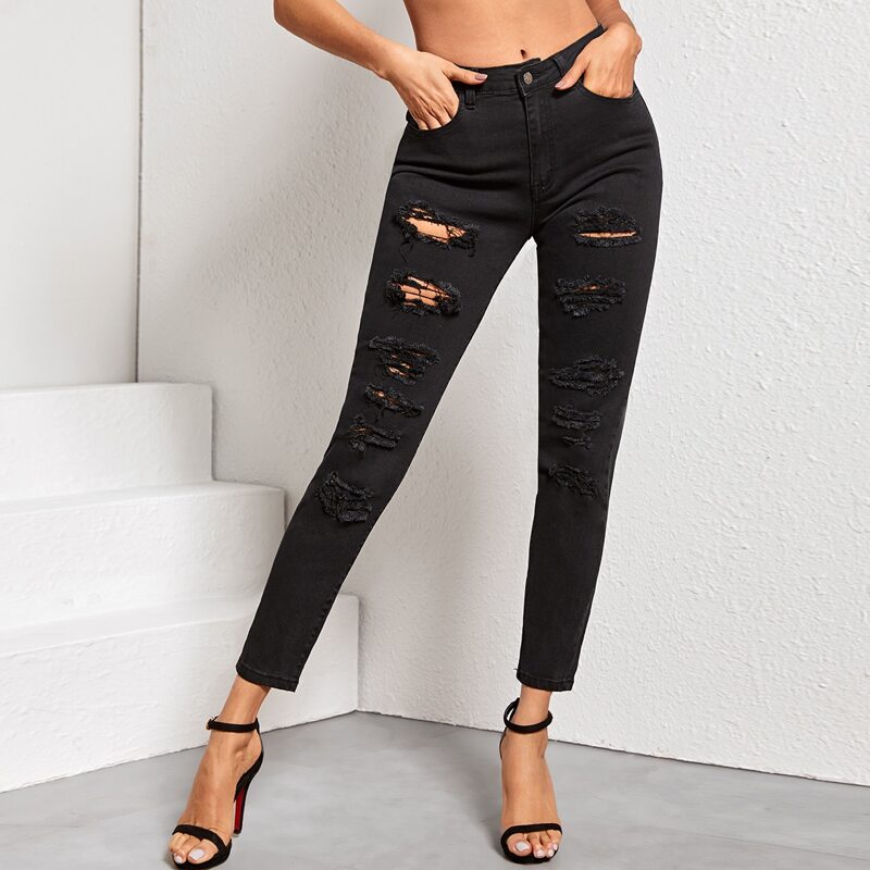 

Ripped Detail Solid Skinny Jeans, Black