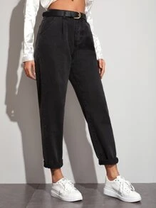 SHEIN ICON Mom Jeans Without Belt,Ladies Casual Button,Pocket,Zipper Natural Straight Leg Long Black Cotton Regular Fit Women Jeans,Spring/Fall,Casual Daily Wear - Black - View 5