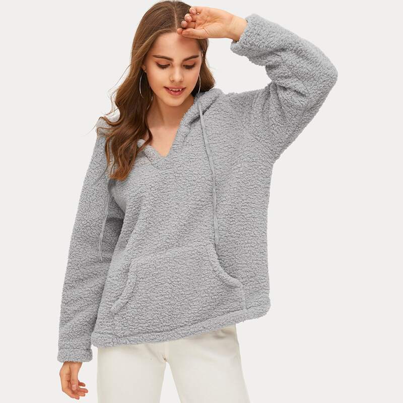 

Kangaroo Pocket Drawstring Teddy Hoodie, Grey