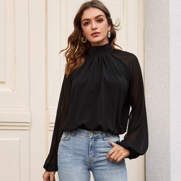 

Button Keyhole Back Raglan Sleeve Blouse, Black