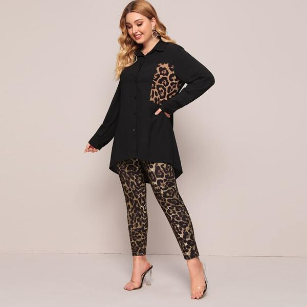 

Plus Leopard Print Curved Hem Blouse With Leggings, Multicolor