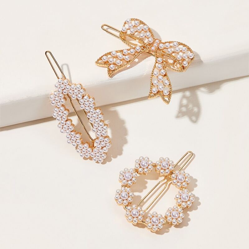 

3pcs Faux Pearl Bow Knot Hair Clip, Gold