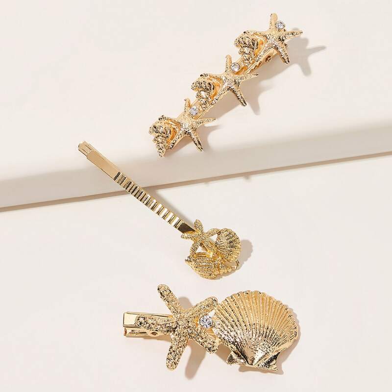 

3pcs Starfish & Shell Hair Clip, Gold