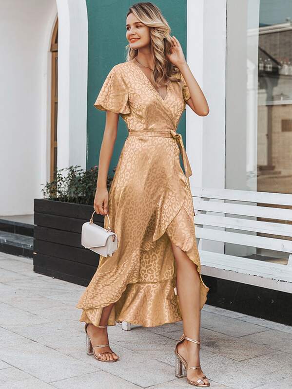 

Simplee Asymmetrical Ruffle Hem Wrap Belted Leopard Satin Dress, Gold, Fernanda D
