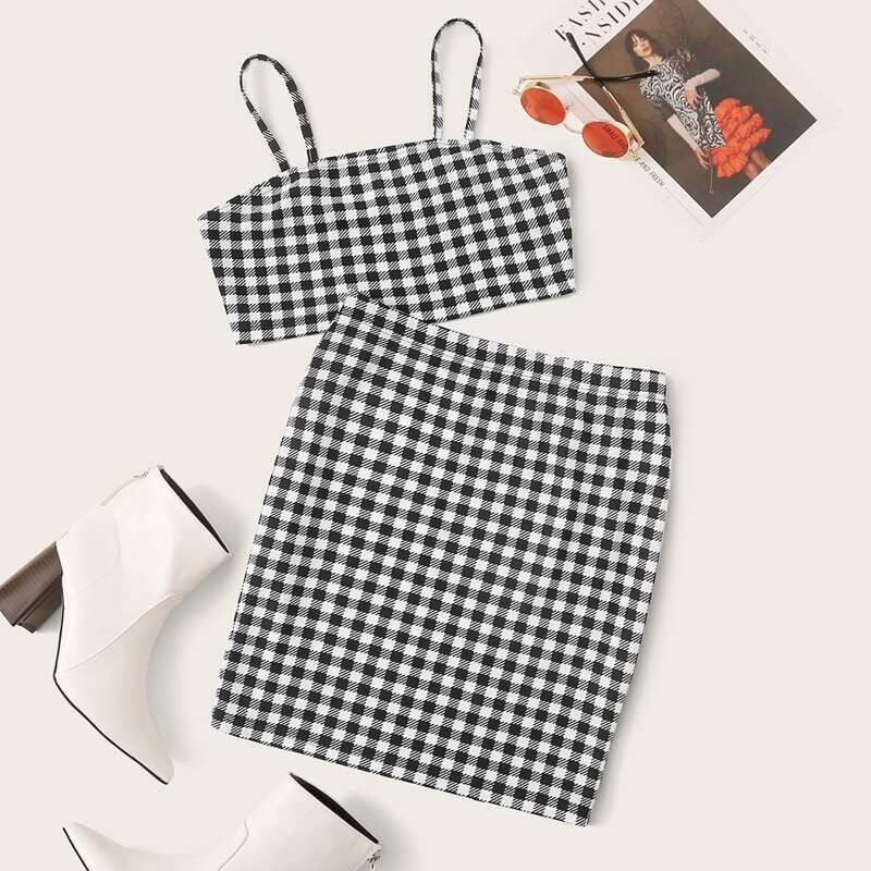 Gingham Cami Top & Skirt Set, Black and white