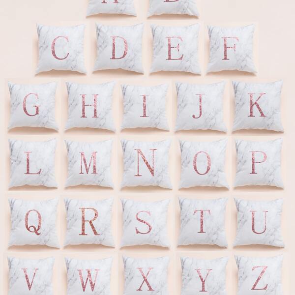 

1pc Marble & English Alphabet Print Cushion Cover Without Filler, White