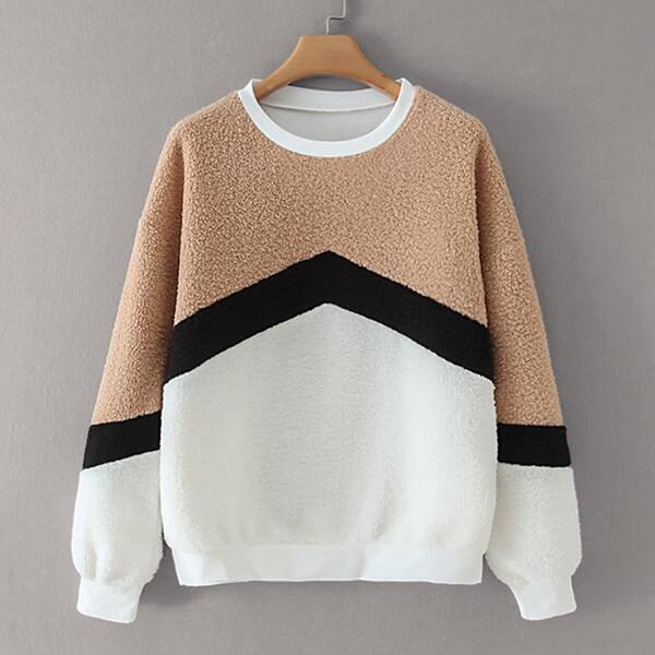 

Chevron Print Colorblock Teddy Sweatshirt, Multicolor