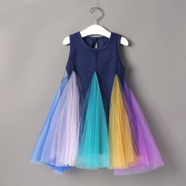 

Toddler Girls Colorful Mesh Godet Panel A-line Dress, Multicolor