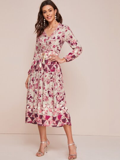 Floral Print Tassel Tie A-line Dress