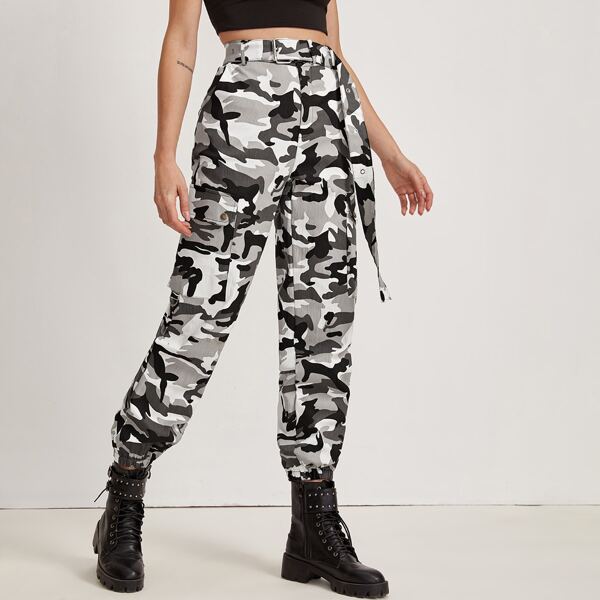 

Camo Print Belted Cargo Pants, Multicolor