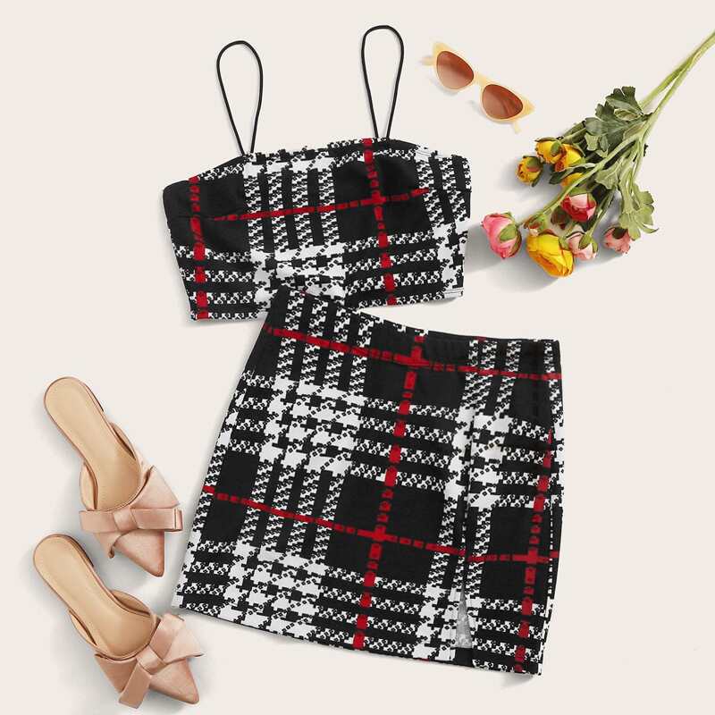 

Plaid Crop Cami Top & Skirt Set, Black and white
