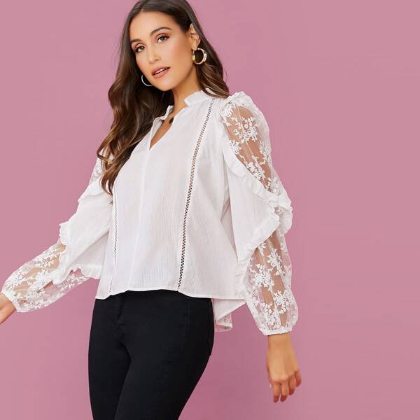 

Long Sleeve Sheer Embroidered Mesh Ruffle Top, White