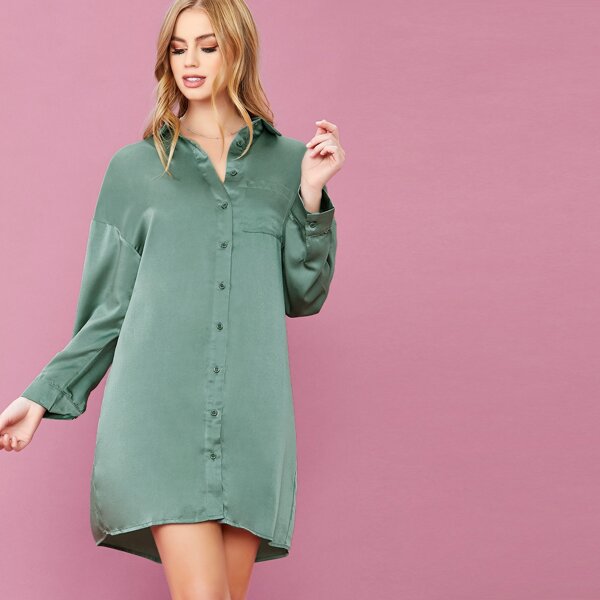 

Button Front Satin Long Sleeve Shirt Dress, Green