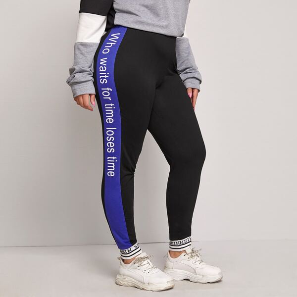 

Plus Striped Side Slogan Graphic Leggings, Black