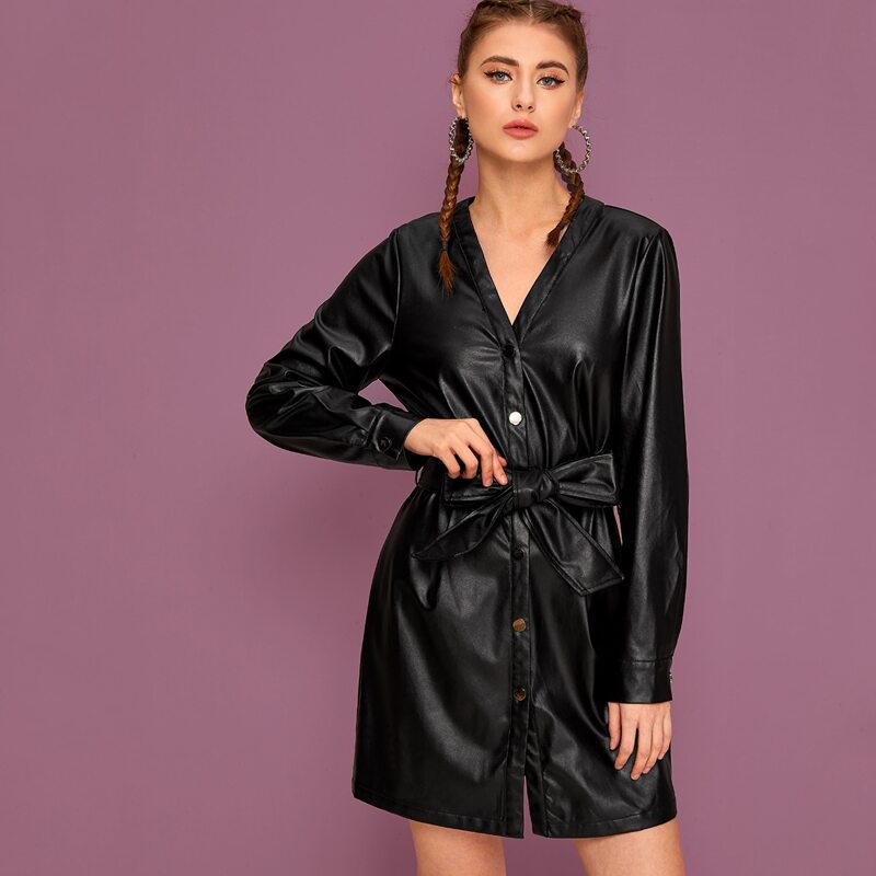 

Button Front Belted PU Leather Dress, Black