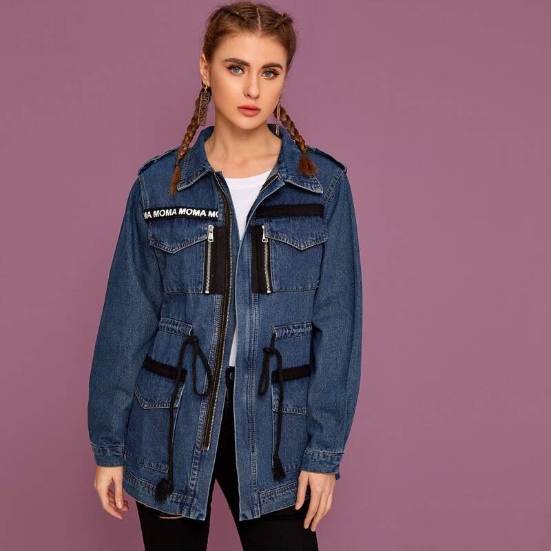 

Tape Panel Drawstring Waist Denim Cargo Jacket, Navy