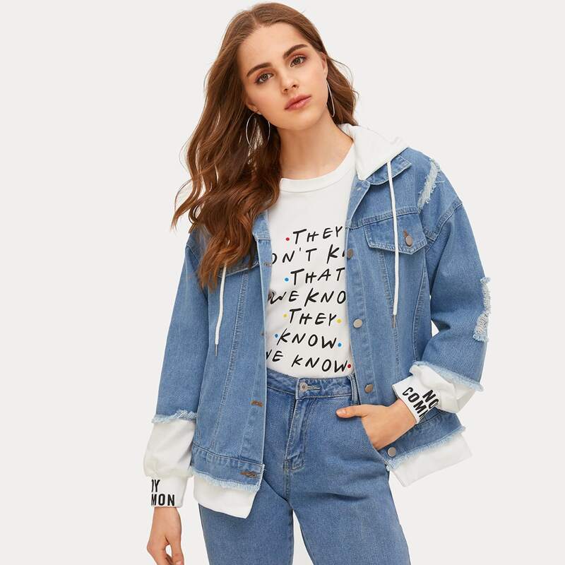 

Letter Graphic 2 In 1 Hooded Denim Jacket, Blue