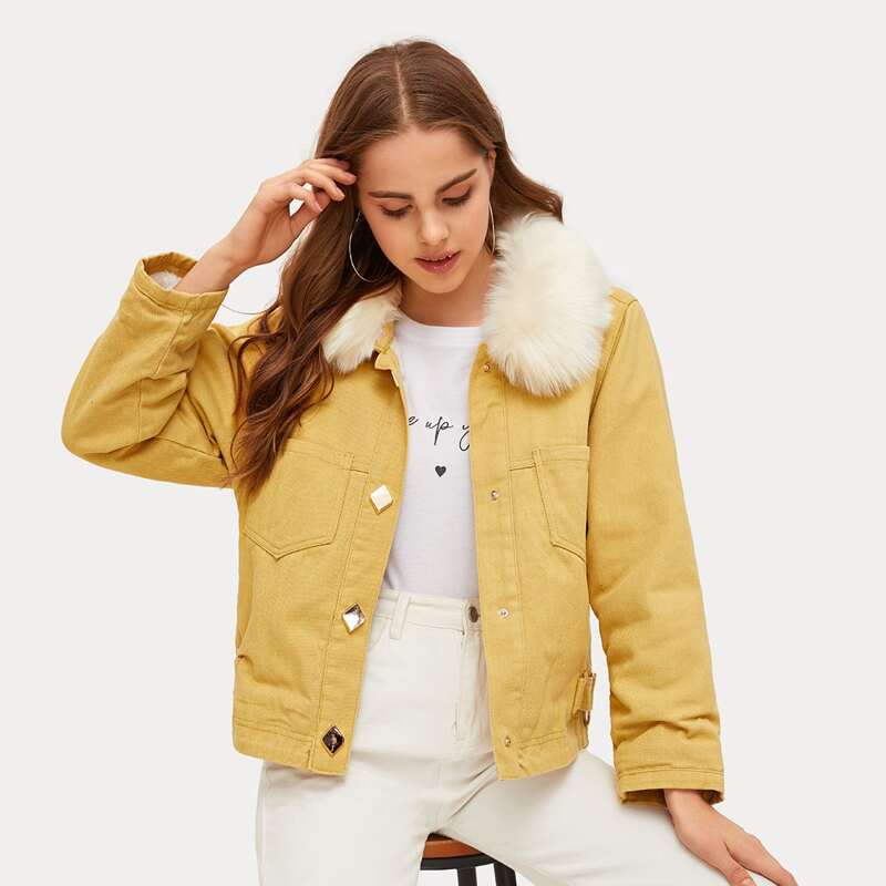 

Contrast Faux Fur Collar Denim Jacket, Yellow