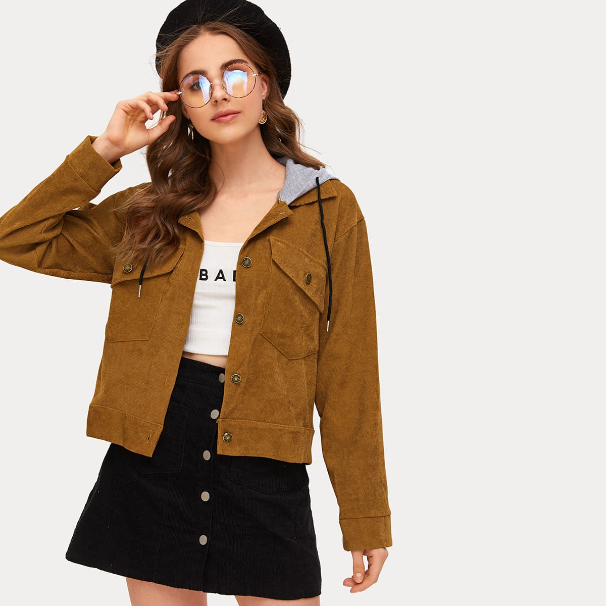 

Button Through Hooded Corduroy Jacket, Camel