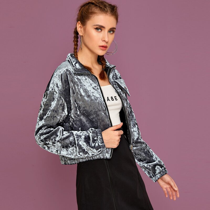 

Zip Up Velvet Crop Jacket, Grey