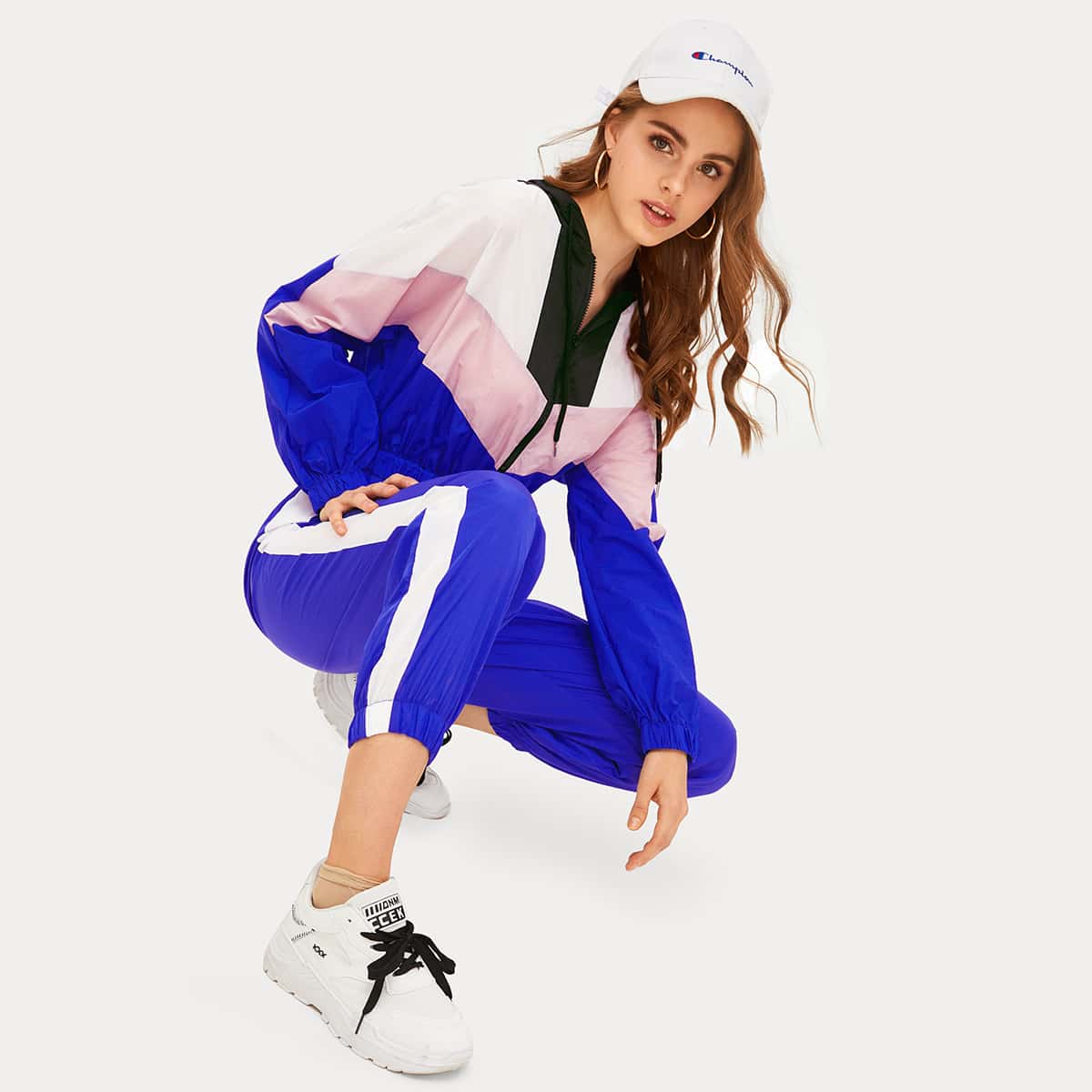 

Color Block Zip Half Placket Drawstring Hooded Wind Jumpsuit, Multicolor
