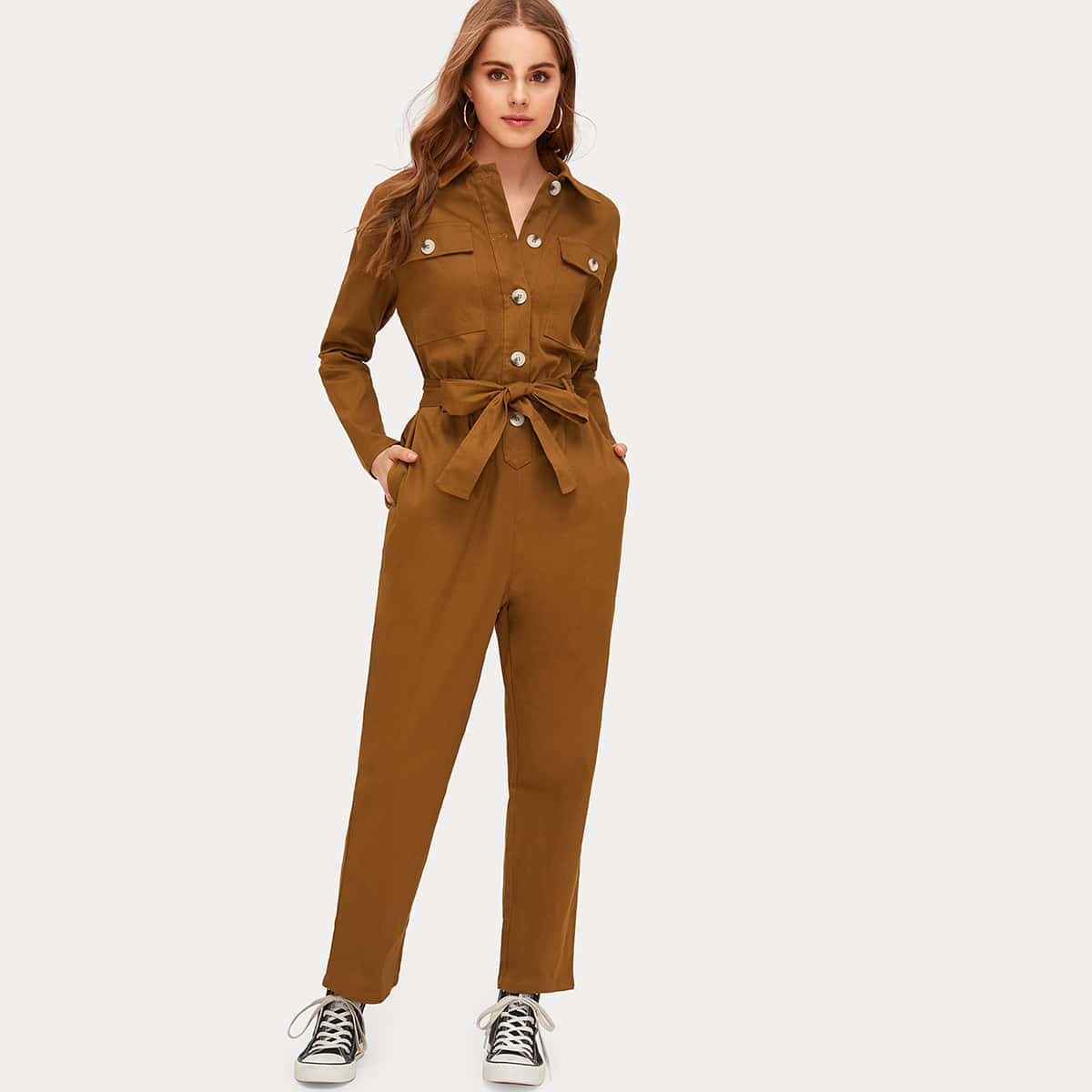 

Premium Slant Pocket Self Belted Utility Jumpsuit, Brown