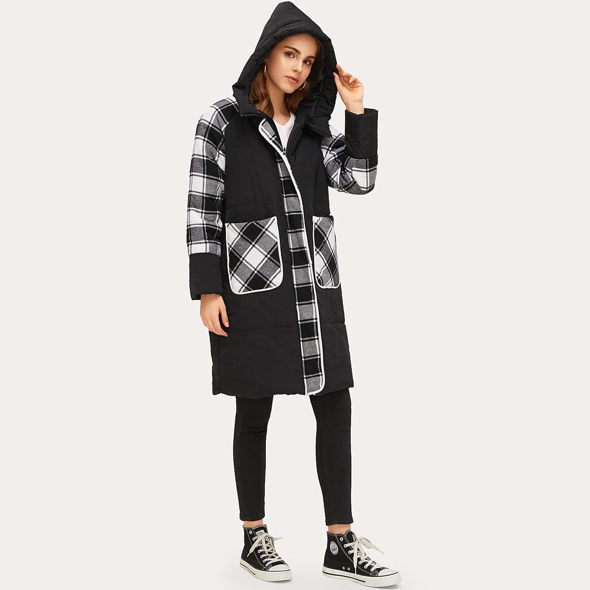 

Plaid Zip Up Hooded Puffer Coat, Black