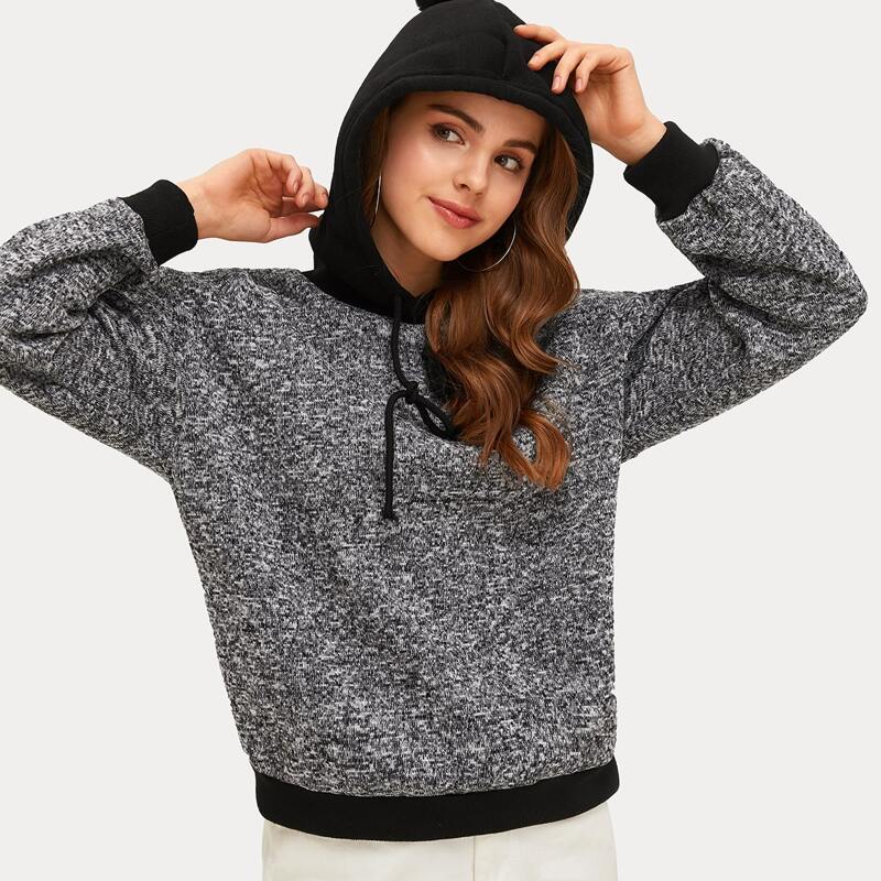 

Pompom Detail Marled Knit Drawstring Hoodie, Grey