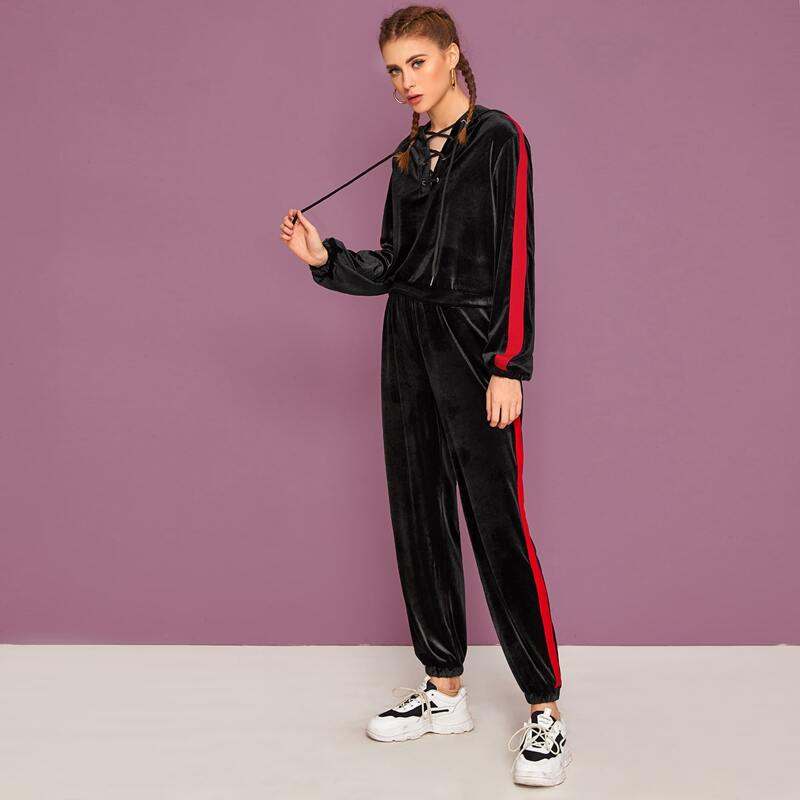 

Contrast Tape Velvet Hoodie & Pants Set, Black