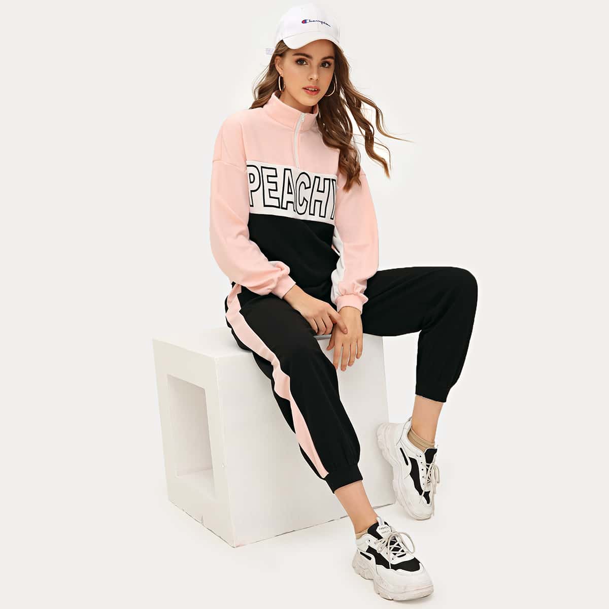 

Color Block Half Placket Letter Pullover & Sweatpants Set, Multicolor