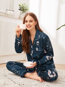 Floral Print Satin PJ Set / Pajama Set - Green - View 1