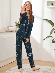 Floral Print Satin PJ Set / Pajama Set - Green - View 5