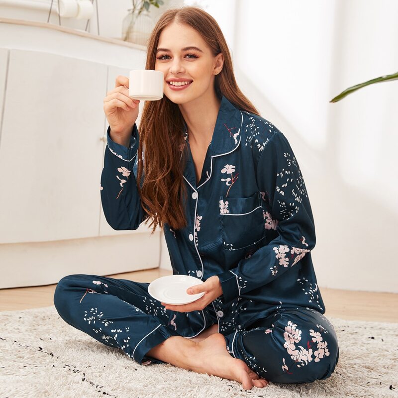 

Floral Print Satin PJ Set, Green