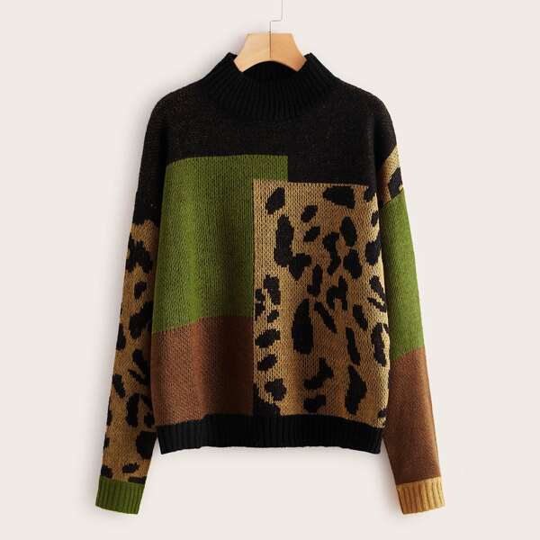 

Mock Neck Drop Shoulder Colorblock Sweater, Multicolor