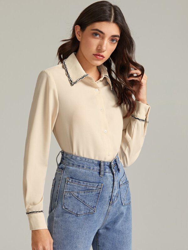 

Premium Button Front Contrast Trim Blouse, Beige, JULIAk