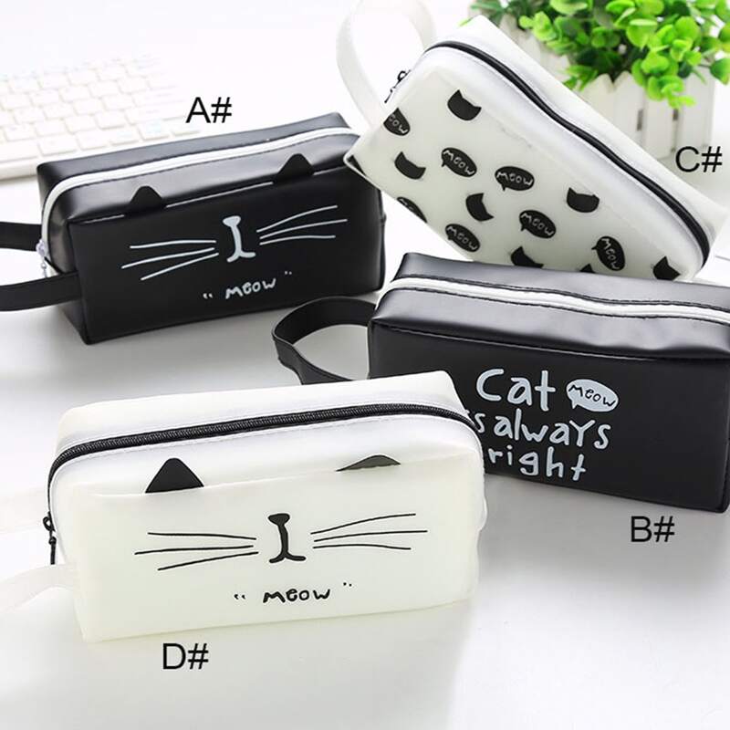 

1pc Portable Cute Cat Pattern Pencil Case, Black and white