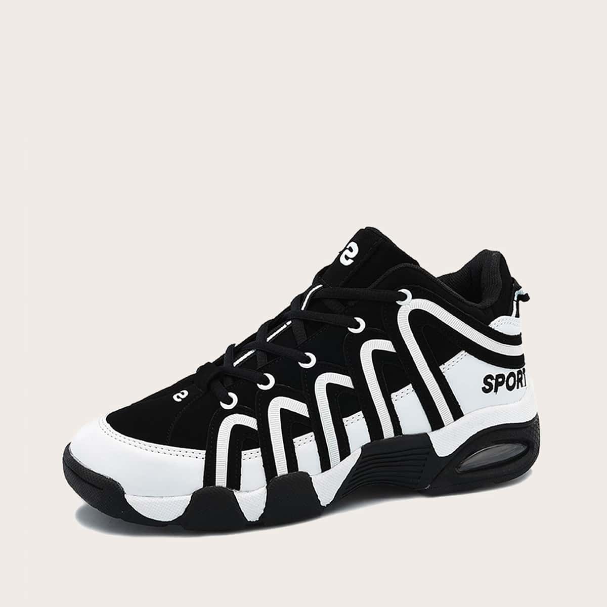 

Guys Letter Embroidered Detail Lace-up Sneakers, Black and white