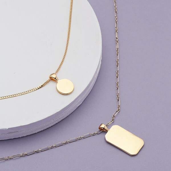 

Circle And Rectangle Pendant Layered Necklace, Gold