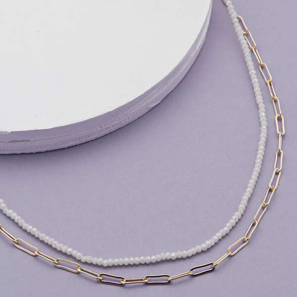 

Chain Link And Iridescent Bead Layered Necklace, Multicolor