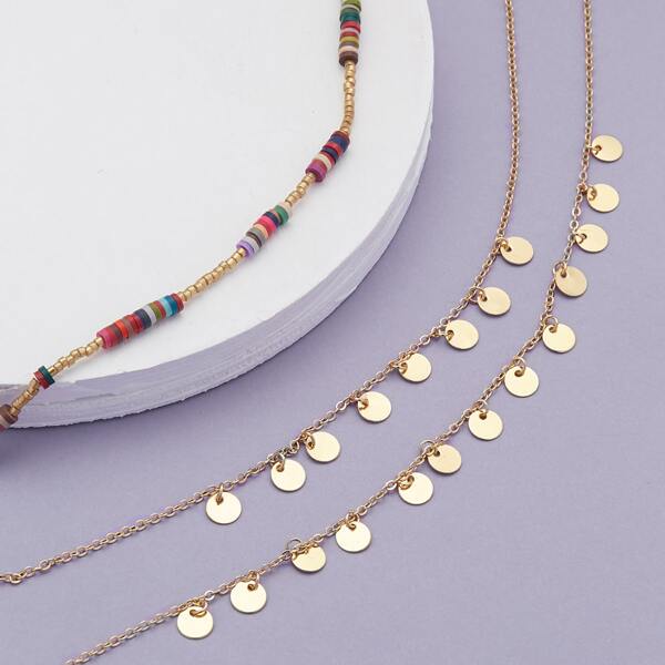 

Multi Colored Bead And Mini Disc Layered Necklace, Gold