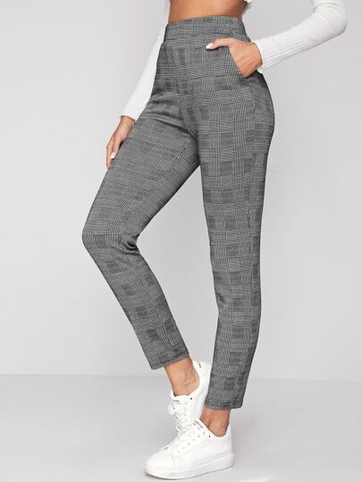 Pantalon Taille Élastique À Poche À Carreaux Vêtements De Travail