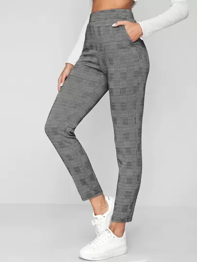 Pantalon Taille Élastique À Poche À Carreaux Vêtements De Travail