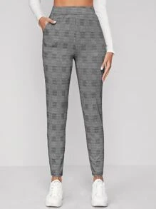 BizChic 彈性腰帶斜口袋格紋長褲工作服 - 灰色 - 查看 4