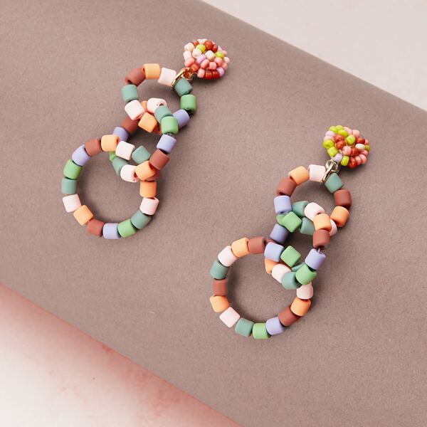 

1pair Beaded Double Hoop Earrings, Multicolor
