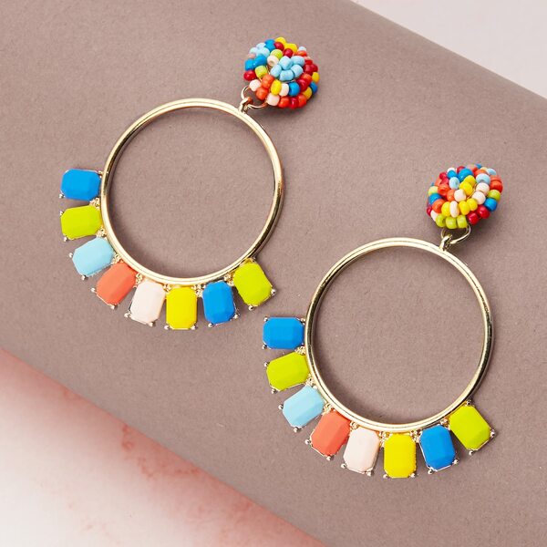 

1pair Rainbow Beaded Enamel Hoop Earrings, Multicolor