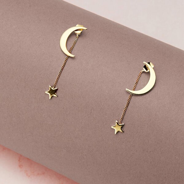 

1pair Moon And Chain Link Star Earrings, Gold