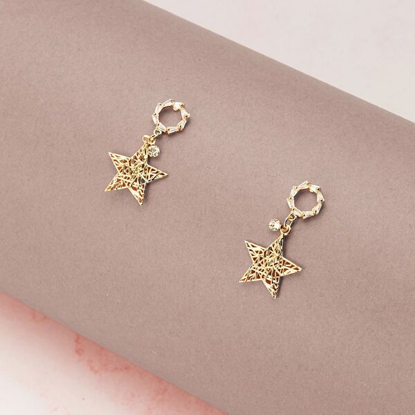 

1pair Baguette Stone Circle And Star Earrings, Gold