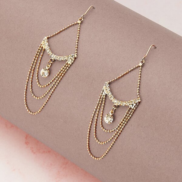 

1pair Crystal And Layered Chain Earrings, Gold